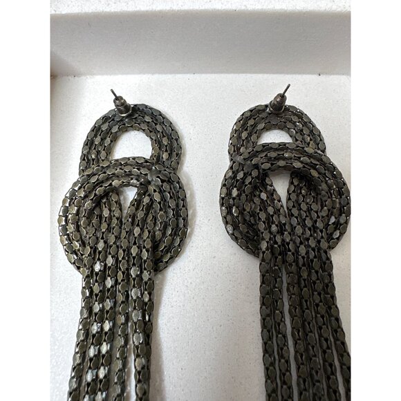 Metallic Knot Design Dangle Earrings Long Antique Bronze Tone Statement Jewelry - Picture 3 of 5